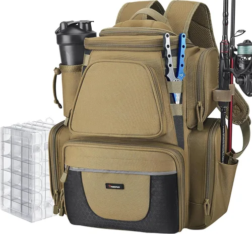 Miniatura 11 de Piscifun Mochila de pesca con 2 soportes para caña y 4 cajas de aparejos, bolsa grande de almacenamiento de aparejos con cubierta de lluvia