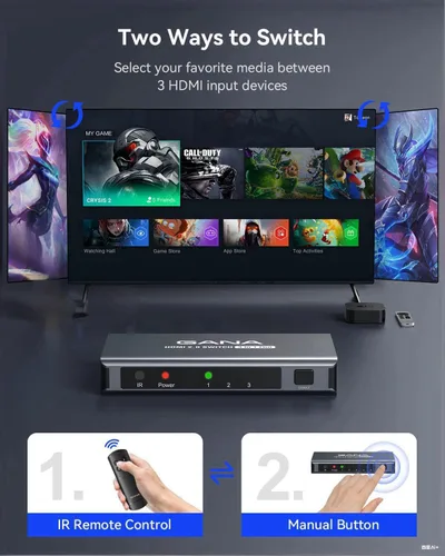 Miniatura 4 de Conmutador HDMI 5 en 1 salida 4K@60Hz, GANA conmutador divisor HDMI con control remoto, caja hub conmutador HDMI 2.0 de aluminio para 3D, HDCP2.2