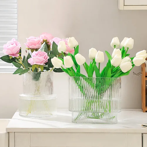 Miniatura 84 de Jarrón redondo de cristal, floreros para ramo, jarrones de vidrio acanalado para flores, pequeño jarrón transparente para sala de estar, oficina