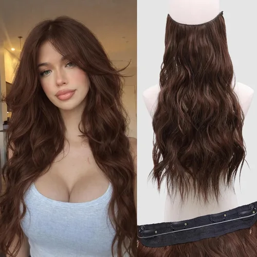 Miniatura 25 de Extensiones de cabello con halo de 12 pulgadas con alambre invisible, cabello largo ondulado ajustable, sintético, mejora con 4 clips de seguridad