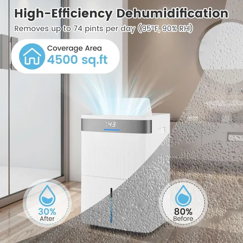 Miniatura 4 de COSTWAY Dehumidifier for Basement, Home Dehumidifier with Convenient Handle, 1.4 Gallon Tank, Auto Defrost, 24H Timer, 3-Color Indicator, Drain Hose
