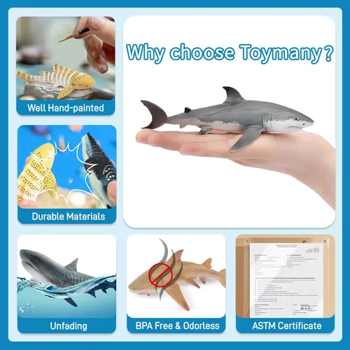 Miniatura 5 de Toymany 10 figuras realistas de juguete de baño de tiburón de 5 a 6 pulgadas de largo, juego de figuras de plástico de animales marinos del océano