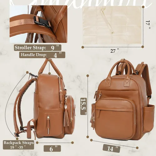 Miniatura 3 de Omanmoli Mochila para pañales, bolsa de bebé de cuero con 16 bolsillos, mochila grande para pañales de viaje, organizador esencial para bebé, 4 Negro