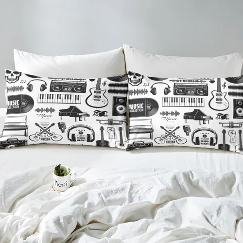 Miniatura 5 de Erosebridal Juego de sábanas tamaño matrimonial de instrumentos musicales, sábanas de piano clásico, juego de cama blanco y negro, juego de sábanas
