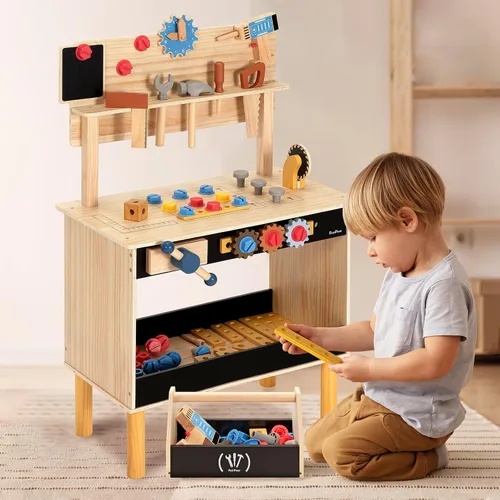 Miniatura 2 de PairPear - Banco de herramientas de madera para niños, banco de trabajo grande con juego de herramientas, juguete de taladro
