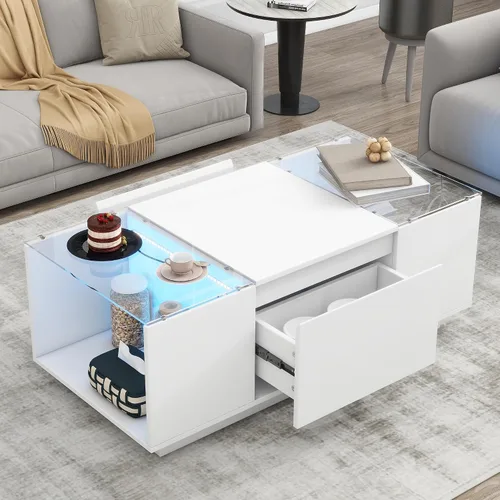 Miniatura 11 de Merax Mesa auxiliar, mesa auxiliar extensible con 2 espacios de almacenamiento ocultos y 2 cajones, mesa central multifuncional con acabado