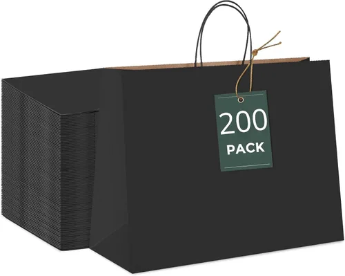 Miniatura 16 de GSSUSA Bolsas de regalo negras de 5.25 x 3.75 x 8 pulgadas, 100 unidades, bolsa para el día de San Valentín, bolsas de papel negro con asas a