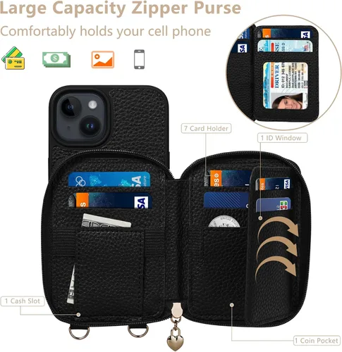 Miniatura 2 de Funda compatible con iPhone 15 de 6.1 pulgadas, cremallera cruzada con ranuras para tarjetas de bloqueo RFID, soporte, cordón y correa de mano