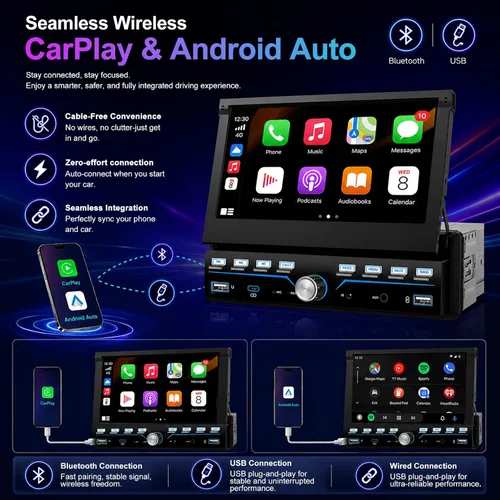 Miniatura 4 de Estéreo de Coche Individual DIN Apple Carplay y Android Auto 1 DIN 7 Pulgadas Pantalla Táctil Abatible Radio de Coche con Bluetooth y Micrófono