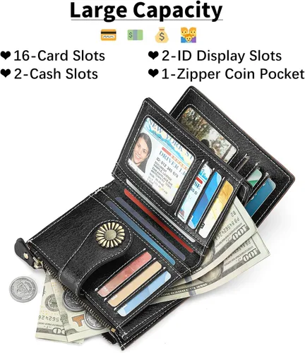 Miniatura 110 de SENDEFN - Billetera pequeña de piel auténtica para mujer, diseño plegable con ventana para tarjeta de identificación