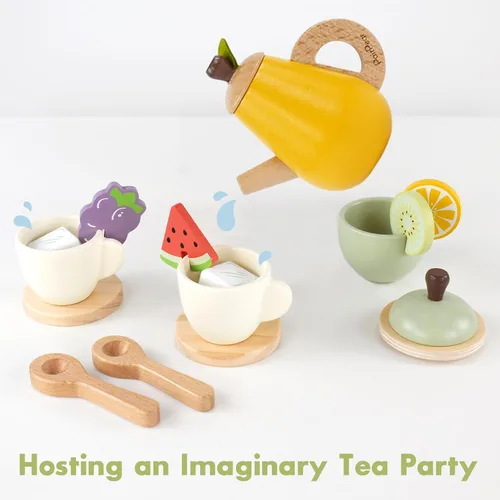 Miniatura 3 de PairPear Juego de fiesta de té de madera para niñas pequeñas, juegos de té para niños pequeños de 3 a 5 años, 20 piezas, juego de té de frutas