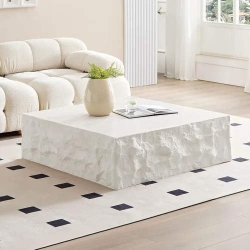 Miniatura 14 de JUSTONE Mesa de Centro Redonda para Sala de Estar, Mesa de Acento Moderna de 31.5 Pulgadas con Acabado de Piedra Artificial Beige Desgastado, Mesa