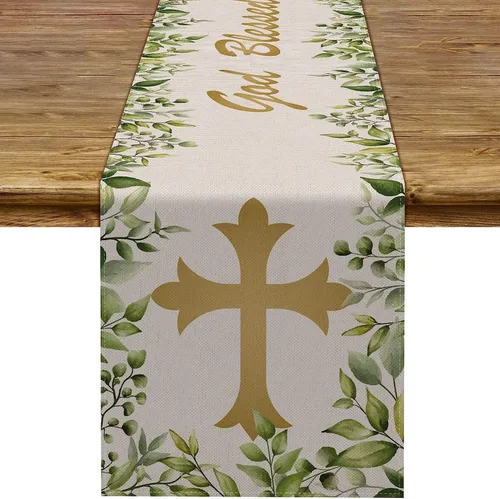 Miniatura 8 de Pudodo Camino de mesa de bautismo para niños, Dios bendiga la primera comunión, bautizo, baby shower, fiesta, cocina, comedor, decoración del hogar
