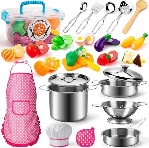 Tigerhu 26 accesorios de cocina de juguete, juguetes de cocina con utensilios de cocina de acero inoxidable, delantal y sombrero de chef, juego de