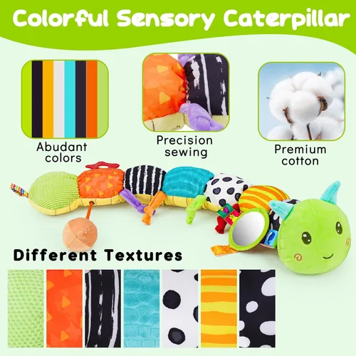 Miniatura 4 de Juguetes sensoriales para bebés de 0 a 6 meses, animal musical de peluche con forma de oruga para bebés de 0 a 3 a 6 a 12 meses, tiempo de barriga