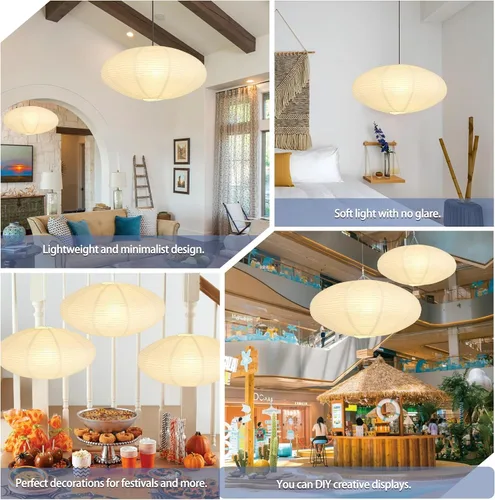Miniatura 5 de Juego de 2 linternas de papel ovaladas blancas de 20 x 10 pulgadas, diseño plegable chino para sala de estar, dormitorio, pantalla de techo