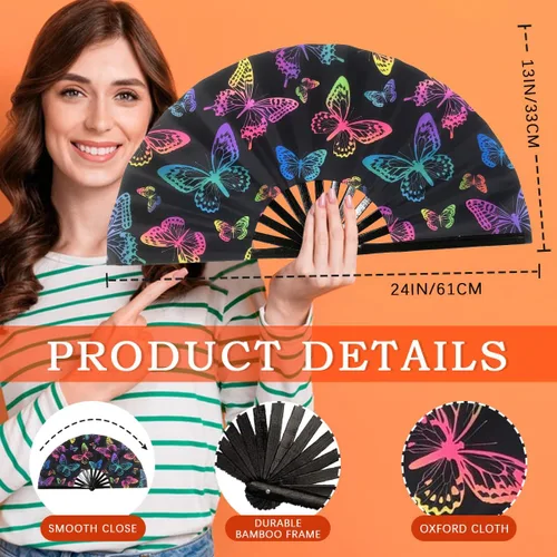 Miniatura 2 de Ventilador plegable que brilla con rayos UV, ventilador de mano de bambú para verano, decoración de mariposa, baile, fiesta, boda, club nocturno