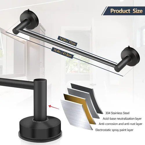 Miniatura 4 de DGYB Barra de Toalla con Ventosa para Baño 17 Pulgadas Soporte de Toalla Negro Mate Toallero de Acero Inoxidable Premium para Cocina Montado