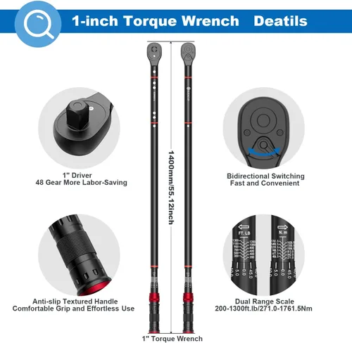Miniatura 3 de SUERCUP Llave dinamométrica de clic de 1 pulgada, 200-1300 pies-libra/271-1761.5Nm, llave dinamométrica de clic de doble dirección de 48 dientes