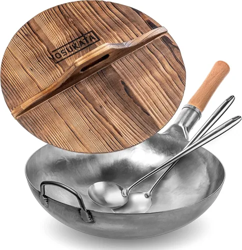 YOSUKATA Wok de fondo redondo plateado de 14 pulgadas + espátula y cucharón de 17 pulgadas + cubierta de wok premium de 14 pulgadas con tapa de