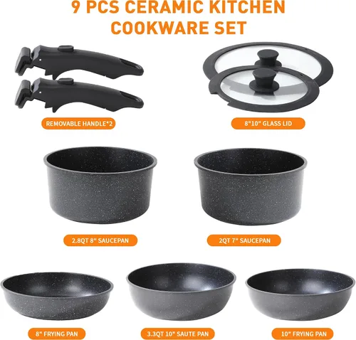 Miniatura 2 de Juego de utensilios de cocina de cerámica, 9 piezas, ollas y sartenes con asas desmontables, juego de cacerolas de cocina, sartén de inducción Negro