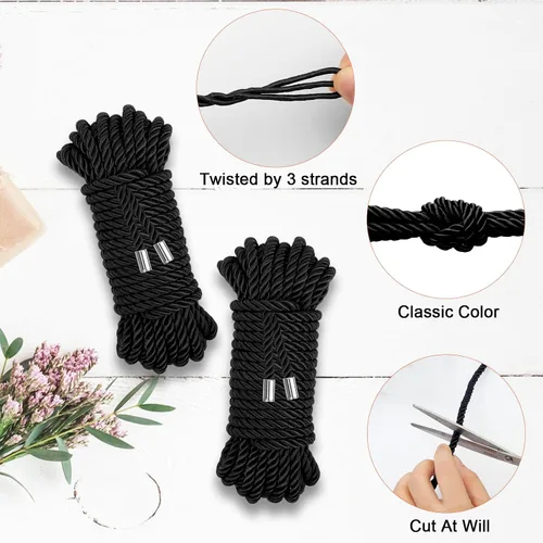 Miniatura 2 de Cuerda de Seda Suave, Cuerda de Cordón Trenzado Amigable con la Piel (Negro, 32 pies)