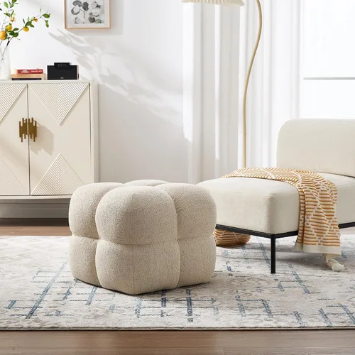 Miniatura 3 de ONEVOG Otomana moderna beige, puf otomana cuadrado divertido de 21 pulgadas, reposapiés tapizado de tela de lino, mesa de centro pequeña