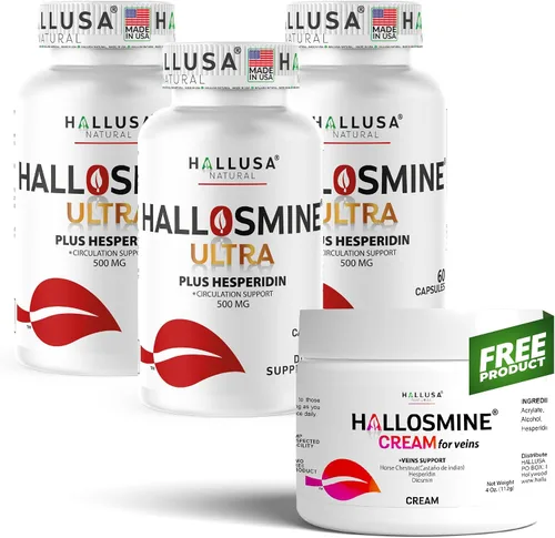 Hallosmine Ultra Diosmin 500mg Hesperidin 150mg, 180 cápsulas + crema para piernas gratis 4 onzas | Suplemento de circulación de piernas y apoyo