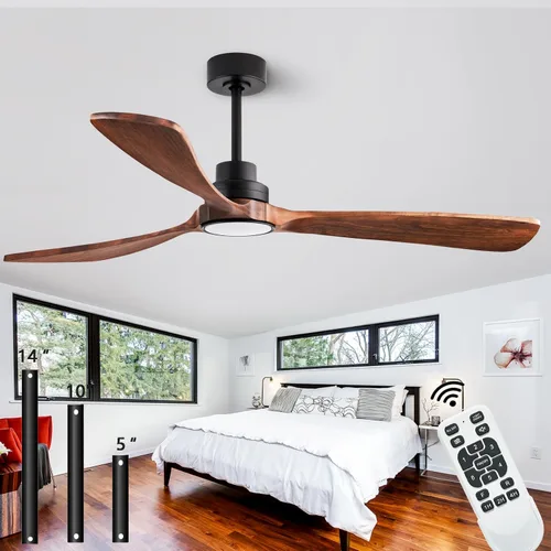 Miniatura 12 de Ventilador de techo de 52 pulgadas sin luz, con control remoto, motor CC reversible, con 3 aspas de madera maciza, para patio, sala de estar, Nogal