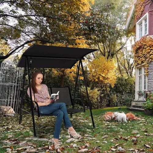Miniatura 9 de Tangkula Columpio de porche para 2 personas, columpio de patio con toldo ajustable, asiento de tela cómodo y marco de acero resistente, columpio