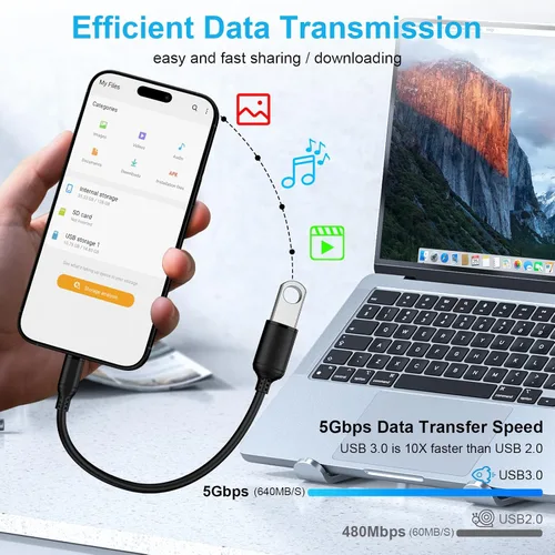 Miniatura 3 de Adaptador USB C a USB 3.0, transferencia de datos de alta velocidad de 5 Gbps, adaptador USB C Android macho a USB hembra OTG On The Go Dongle Cable