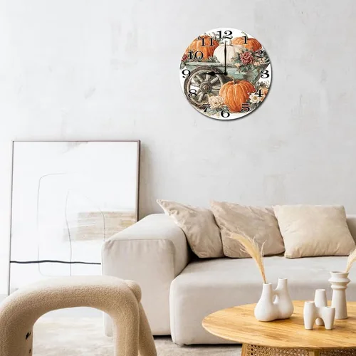 Miniatura 4 de Reloj colgante de madera con parche de calabaza, reloj de pared redondo de madera, silencioso, sin tictac, funciona con pilas, números arábigos