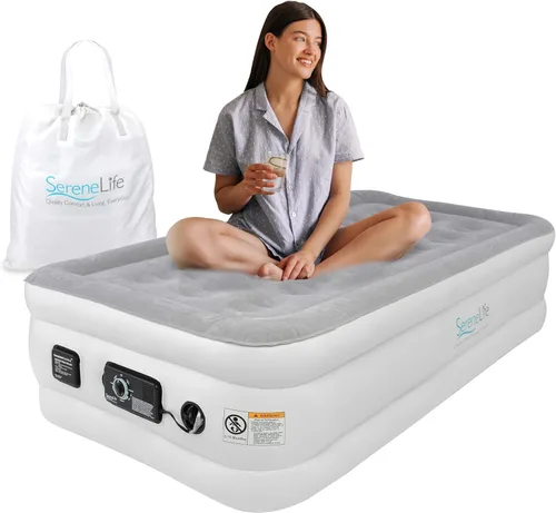 SereneLife Colchón de aire tamaño individual con tecnología ComfortCoil incorporada y bomba interna de alta capacidad | Parte superior de colchón de
