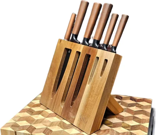 Miniatura 6 de KAV - Juego de cuchillos con bloque, 7 cuchillos de cocina y varilla de afilar, juego de cuchillos de acero inoxidable en negro mate de alto