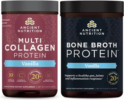Ancient Nutrition Proteína en polvo multicolágeno, vainilla, 24 porciones + polvo de proteína de caldo de hueso, vainilla, 20 porciones