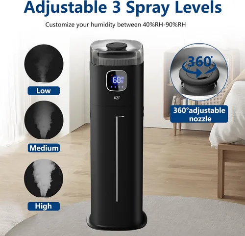 Miniatura 4 de KZF Humidificador grande para dormitorio, humidificador ultrasónico de niebla fría de 9L/2.5 galones con humidistato, boquilla de 360°, nivel