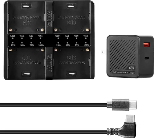 Estación de carga rápida USB C de 4 canales con adaptador de cargador rápido PD de 65 W para baterías Sony NP-F550, NP-F750, NP-F770, NP-F970