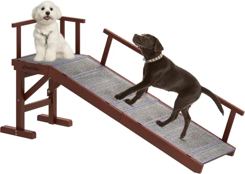 Miniatura 3 de Onelike Rampa de madera para perros con riel lateral extraíble y alfombra antideslizante, escalera estable para mascotas para sofá para perros