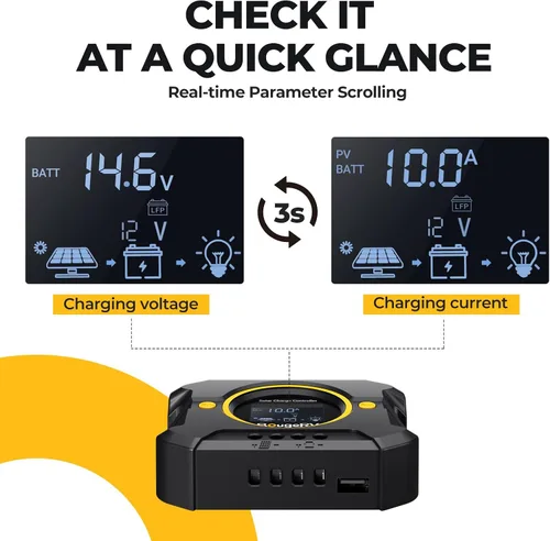 Miniatura 3 de BougeRV Li 10A PWM Controlador de carga solar 12V 24V, regulador de panel solar con pantalla retroiluminada, puerto USB, parámetro ajustable
