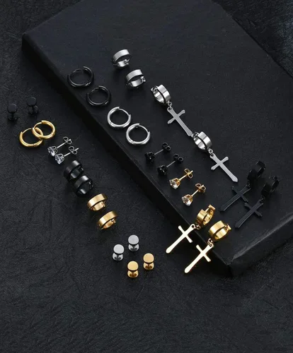 Miniatura 3 de Juego de 15 pares de aretes colgantes de acero inoxidable con bisagras, aretes tipo dormilona con circonita cúbica para hombres y mujeres, joyería