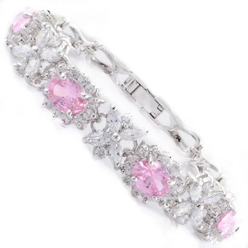 RIZILIA BLOSSOM - Pulsera de tenis y circonita cúbica de corte ovalado 4 colores disponibles en chapado en oro blanco, 7 pulgadas, simulado zafiro