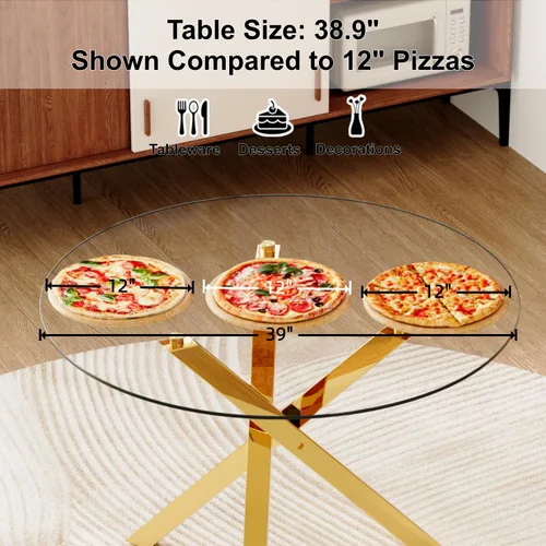 Miniatura 3 de Juego de mesa de comedor redonda para 6, juego de mesa de comedor de vidrio de 39 pulgadas con base de metal ajustable dorada en forma de X y 6