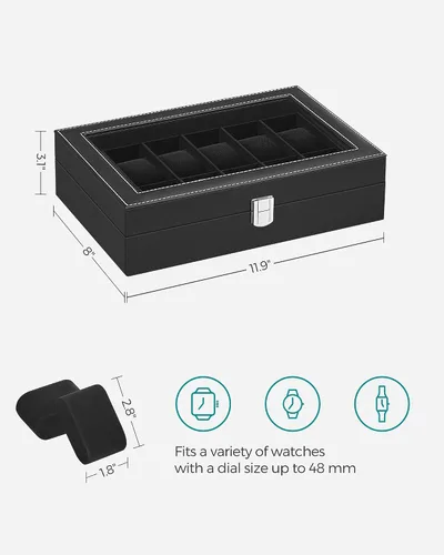 Miniatura 6 de SONGMICS Caja de reloj caja de reloj de 12 ranuras con tapa de cristal grande almohadas de reloj extraíbles organizador de caja de reloj regalo