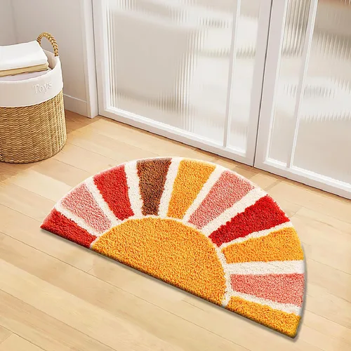 Miniatura 3 de UKELER Alfombra de baño bohemia, de medio círculo, bonita alfombra de baño retro para decoración del hogar, antideslizante, lavable, absorbente