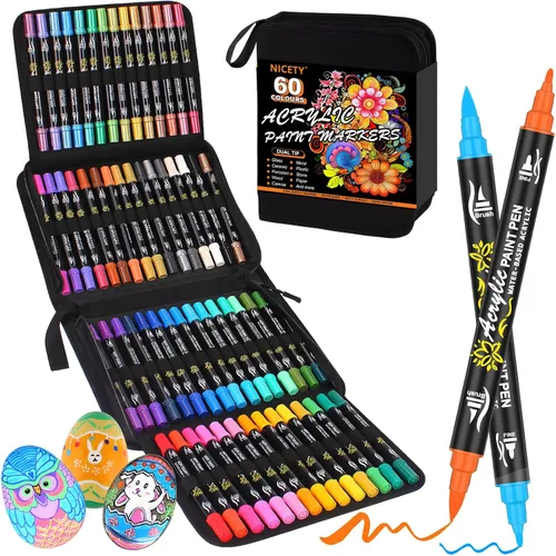 NICETY Marcadores de pintura acrílica de 60 colores, bolígrafos de pintura acrílica de doble punta con punta fina y punta de pincel para pintura de