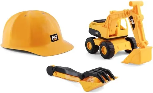 CAT Juguetes de Construcción, Set de Arena de Excavadora Juguetes de Exterior - Camión Volquete de Juguete CAT de 10" y Cargadora, Casco, Pala,