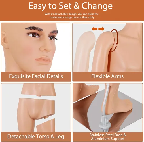 Miniatura 5 de Maniquí masculino de cuerpo completo con cabeza ajustable, extremidades flexibles, diseño desmontable de 72 pulgadas, forma de vestido con base