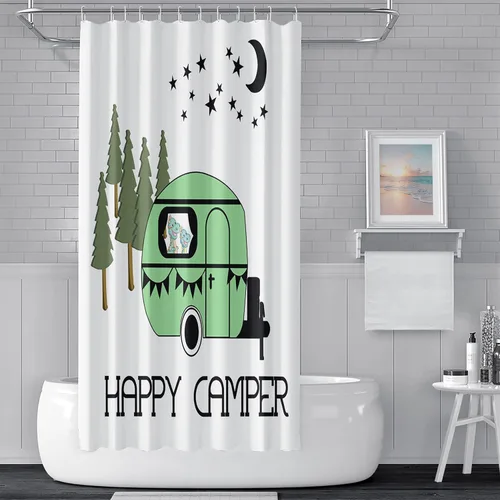 Miniatura 26 de Cortina de ducha Happy Camper de 48 x 72 pulgadas, diseño de caricaturas, remolque, hoguera, aventura al aire libre, cortina de baño para decoración