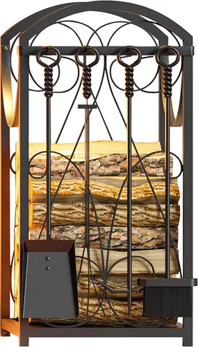 Miniatura 9 de Kingson Estante para leña con soportes de madera para interior, estante de herramientas para chimenea al aire libre, estante de leña, almacenamiento