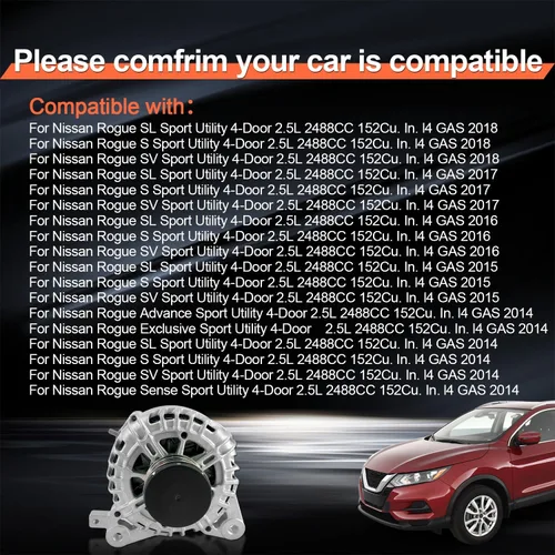 Miniatura 3 de Alternador de 12V 120A 23100-4BA0A compatible con Nissan Rogue L4 2.5L para Nissan XTrail 2.5L L4 2014-2018 6 ranuras CW ventilador interno
